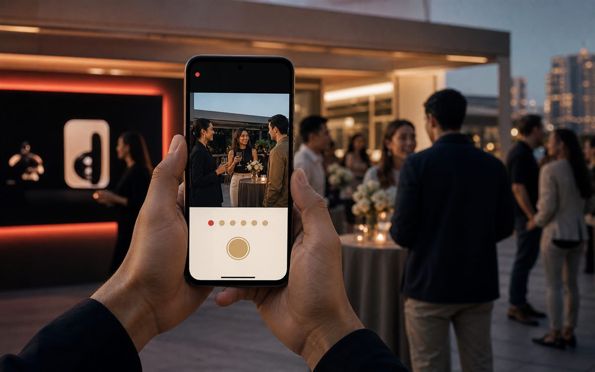 Corporate event guest using the Flick camera app on a phone