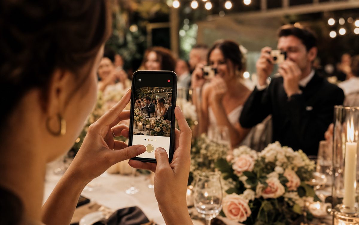 Wedding guest using the Flick disposable camera app on a phone at a reception